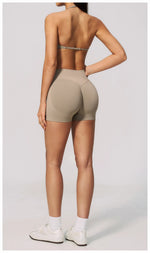 Seamless Yoga Suit Women Exposed Back Pleate Sports Bra High Waist Shorts Fitness Sets Outdoor Running Athletic Wear Tracksuit