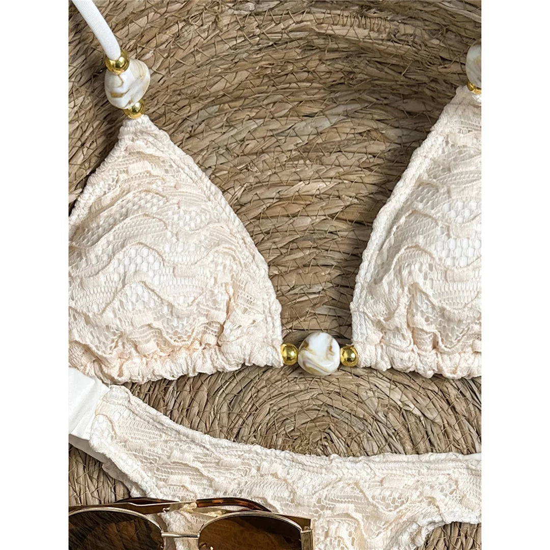 2026 Wrinkled Crinkled Halter Bikini Women Swimwear Female Swimsuit Padded Bather Bathing Suit Swim Two-pieces Bikini set K8135