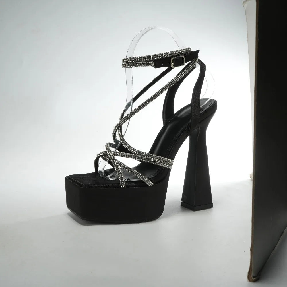 15CM Sexy Party Women's Pumps Summer Sandals Thick High Heel Platform Fish Mouth Shoes Black White Sandalias De Mujer