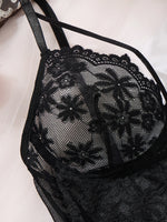 Black Daisy Floral Lace Sheer Mesh Babydoll Lingerie Set Slip Nightdress With Matching Thong Women Sexy Sleepwear ZA825096