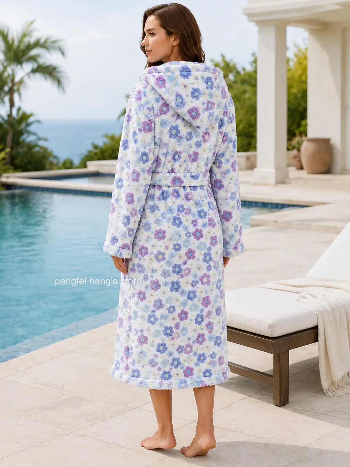 Women Floral Print Coral Fleece Hooded Bathrobe Autumn Winter Thick Warm Long Robe Soft Cozy Casual Home Sleepwear Loungewear