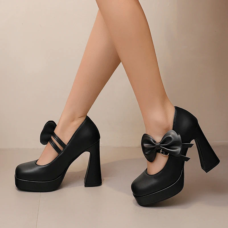 Plus Size Women's Bow Mary Janes Platform Chunky Heels Ankle Strap High Heel Pumps Sweet Lolita Party Dress Shoes