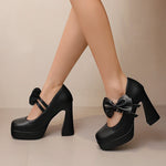 Plus Size Women's Bow Mary Janes Platform Chunky Heels Ankle Strap High Heel Pumps Sweet Lolita Party Dress Shoes