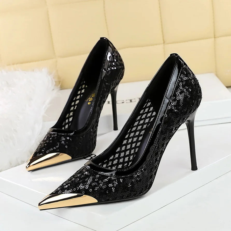 BIGTREE 2026 Fashion Metal Decoration Mesh Hollow Pointed Toe Woman Pumps Thin Heels Party Ladies Shoes Zapatillas De Mujer