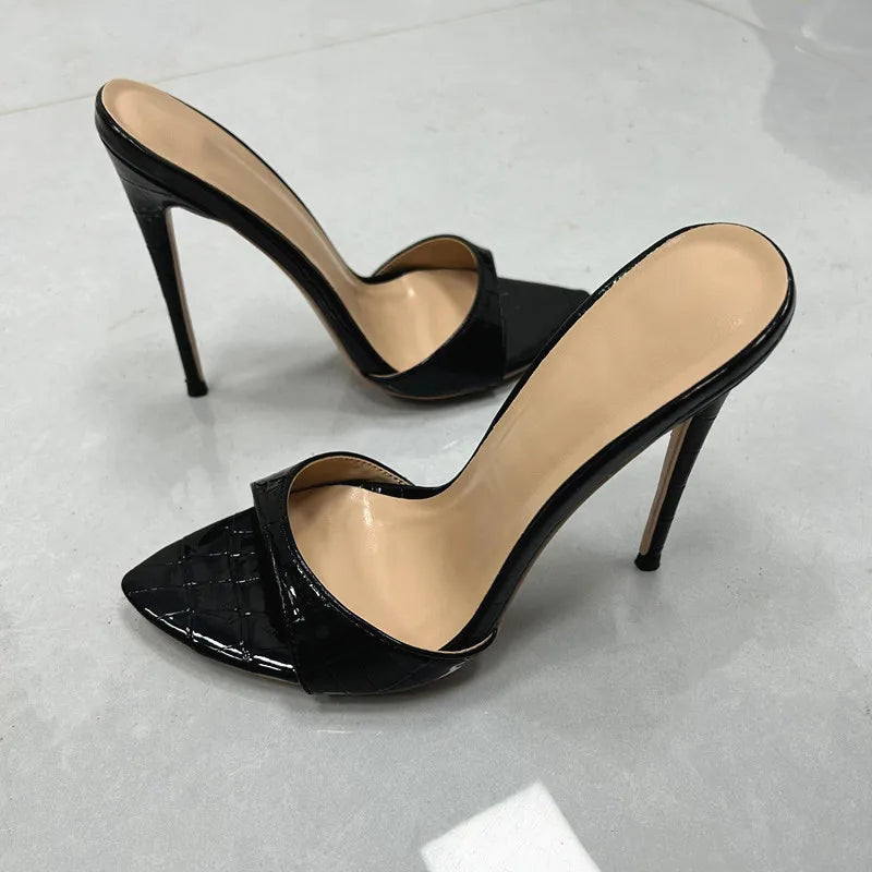 12cm Glossy Colorful mixed colors open pointed toe 12cm super high thin heels slip on outdoor sexy women sandals