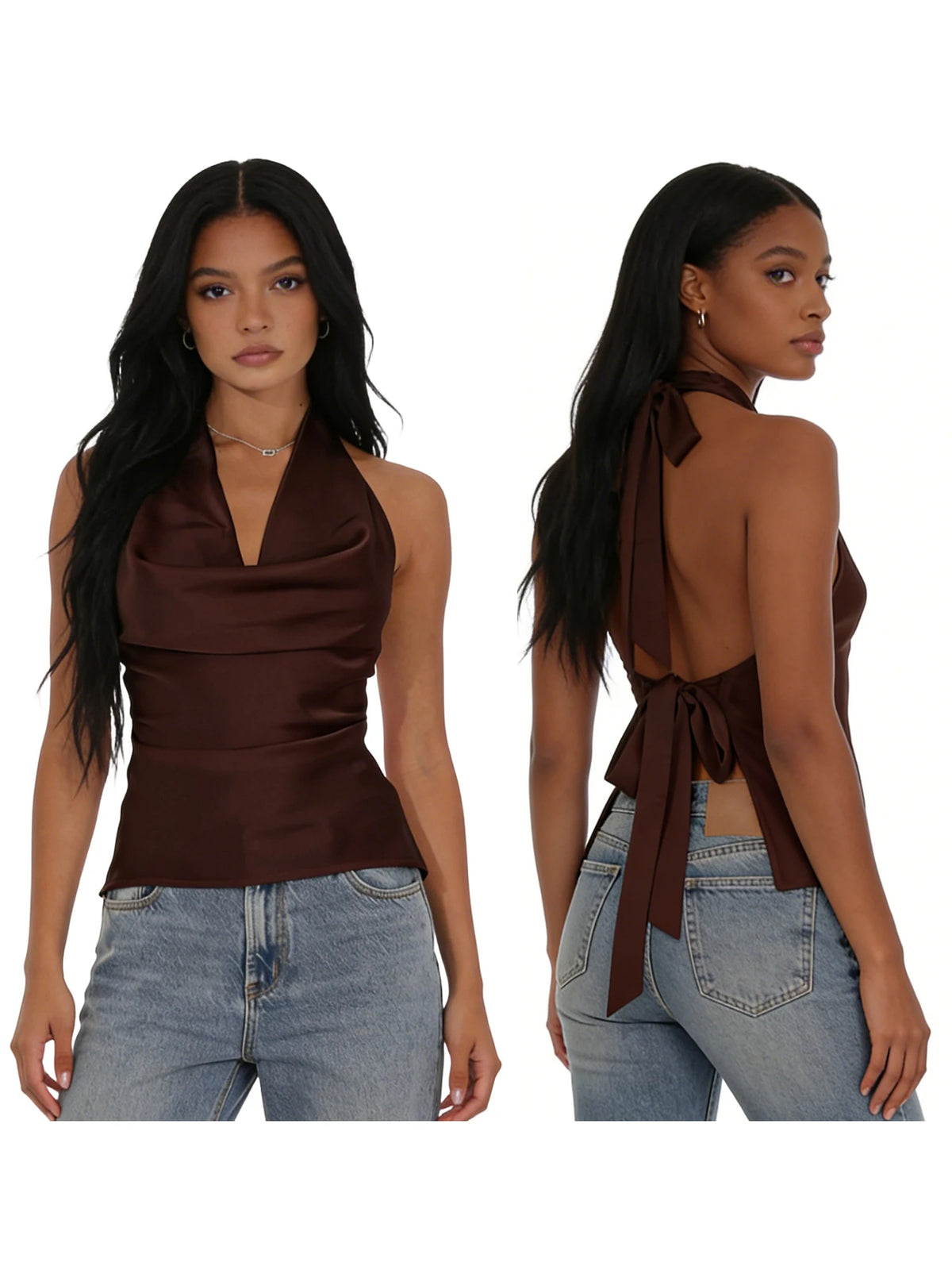 Women Halter Cowl Neck Tank Tops Slim Solid Color Satin Sleeveless Backless Vest for Going Out Party Club