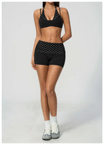 Breathable Striped Patchwork Yoga Clothing Women Fake Two-piece Sports Bra Folding High Waist Shorts Gym Running Fitness Suit