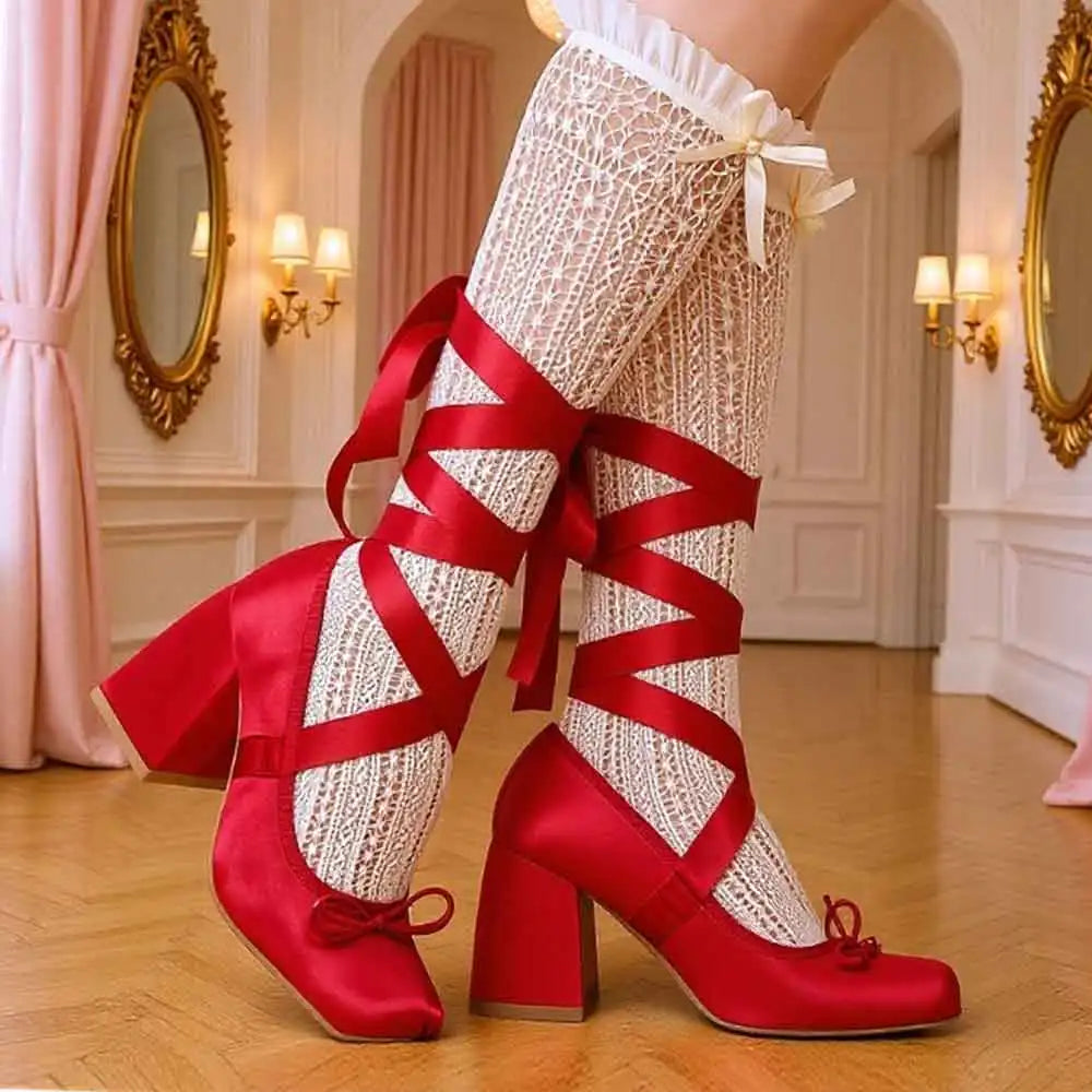 2026 Big Size 43 Cute Red Lolita Ankle Wrap Pumps Sweet 9cm Square High Heels Gothic Cosplay Ballet Style Mary Janes Shoes Women