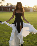 Color Matching Spaghetti Strap Dresses Women Sexy Low Cut Slim Slit Long Dress Fashion Party Prom Evening Vestidos Female