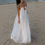 Women's White Spaghetti Strap Long Dress Fashion Solid Color Vacation Style Irregular Neck Backless Dresses Sexy Beach Vestidos