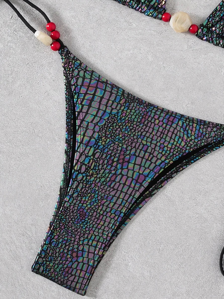Snakeskin Halter Strappy Bikini Women Swimsuit Female Swimwear Two-pieces Bikini Set High Cut Bather Bathing Suit Swim Beachwear