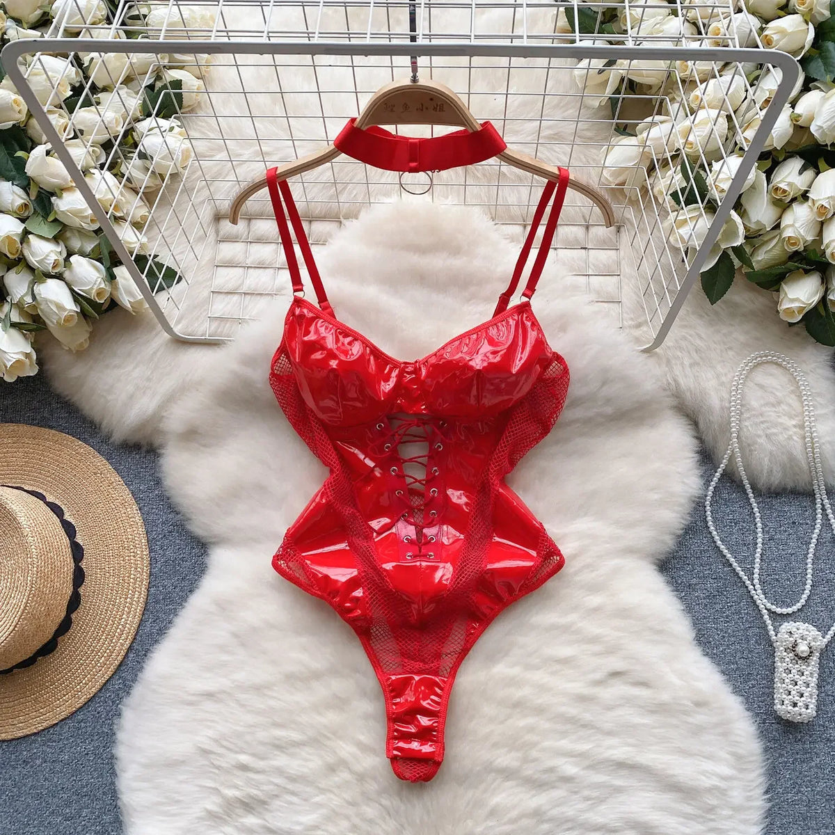 Foamlina Women's PU Leather Patchwork Mesh Bodysuit Sexy Hollow Out Slim Fit Lace Up Bandage Club Party Body Suit Woman Clothes