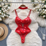 Foamlina Women's PU Leather Patchwork Mesh Bodysuit Sexy Hollow Out Slim Fit Lace Up Bandage Club Party Body Suit Woman Clothes