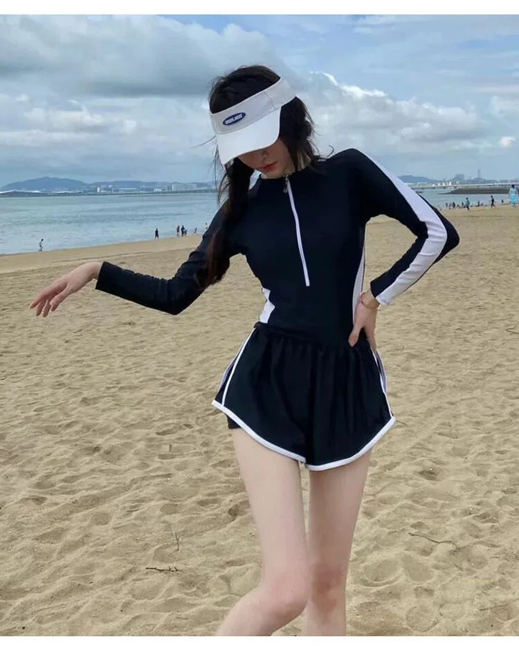 New Women's Swimsuit, One-piece Coverage Slimming EffectConservative Sports Style Hot Spring Flat Leg Pants Swimsuit Plus Size