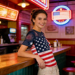 Women's 4th of July American Flag T Shirt Stylish Star Print Short Sleeve Round Neck Tops for Daily Wear