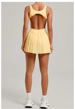 New Large Backless Tennis Dresses Women Solid Color Sleeveless Glare Pleated Yoga Skirt with Pocket Shorts Running Fitness Dress