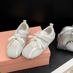 Women Ballet Style Flat Sneakers Dual Strap Decor Lace‑Up Soft Sole Lightweight Breathable Daily Casual Walking Fashion Shoes