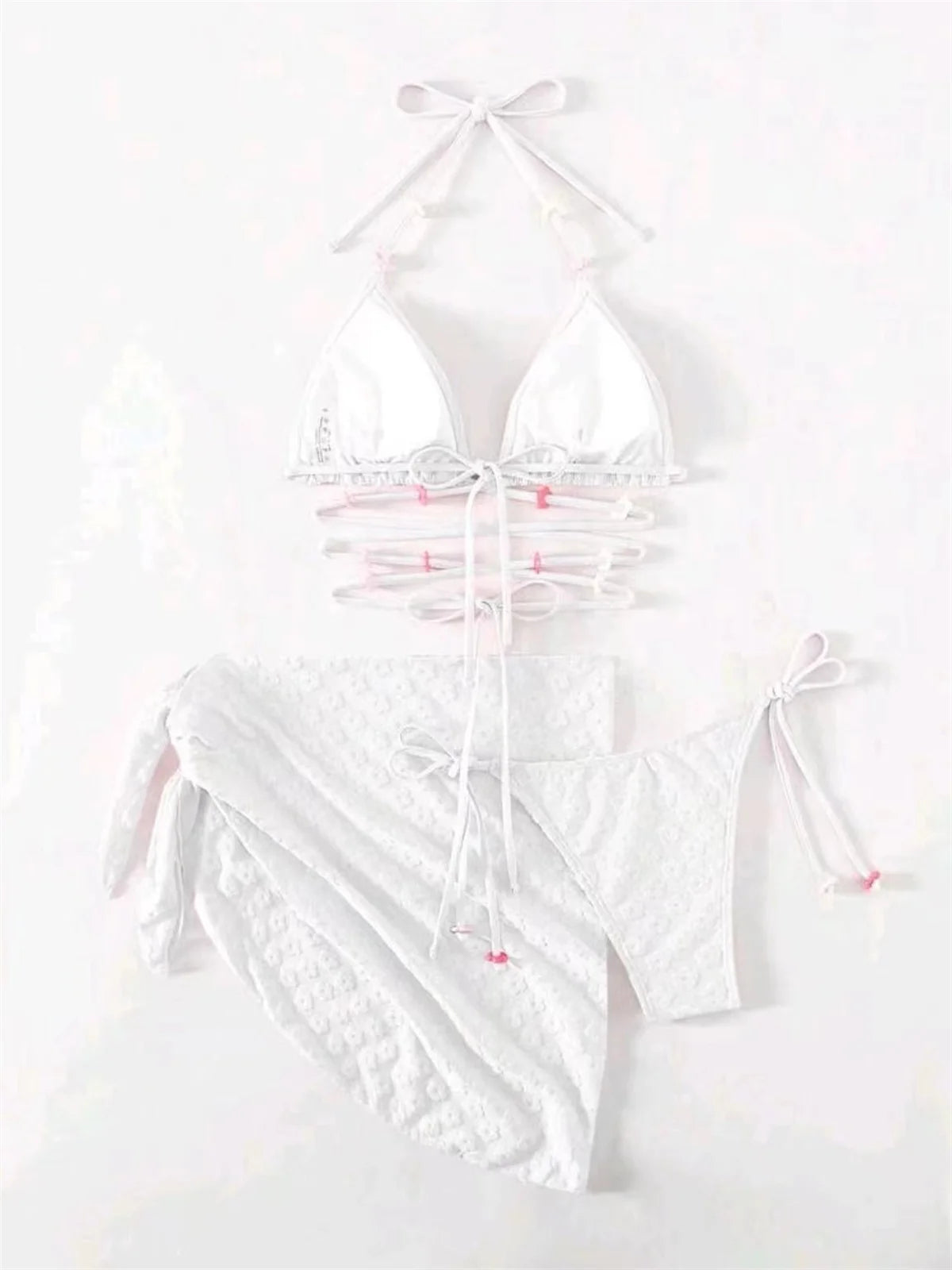 Mesh Skirt Pleated Bikini Set Women Blue White Floral Designer Criss Cross Swimsuit 3 Piece Bathing Suit Cover Up Swimwear 2024