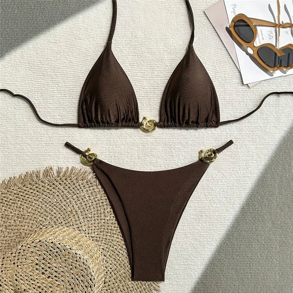 Dark Brown String Halter Micro Thong Bikinis Sets Sexy Swimsuit Women 2026 Metal Ring Holiday Swimwear Beach Wear Bikini Mujer