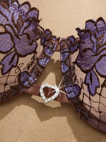 Purple Floral Embroidery Fishnet Lingerie Set Women Sheer Underwire Bra Side Tie Thong Sexy Ladies Underwear ZA825200