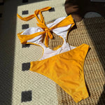 2025 New Color-Block Floral Pattern Trim One-Piece Slim Tie Hollow Out Swimsuit Sexy Backless Bathing Suit Trajes De Baño