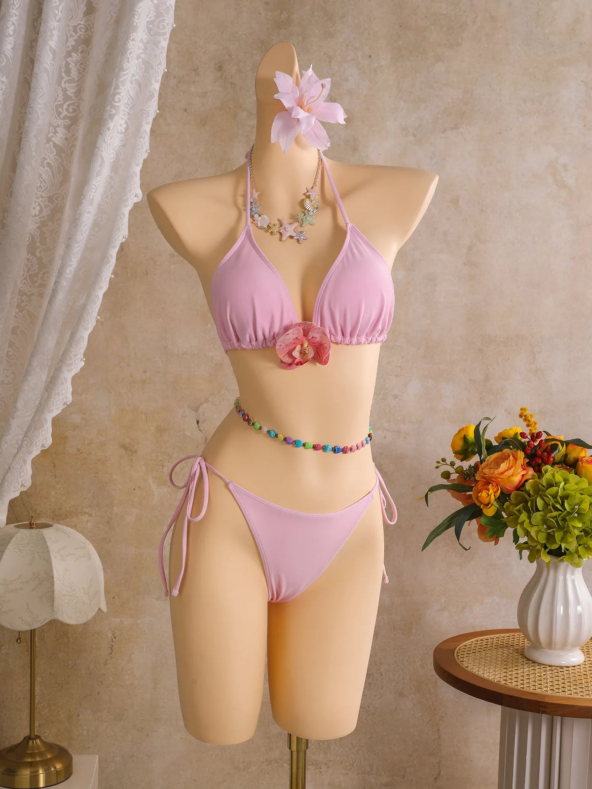 Vintage Pink Floral Tie Dye Gradient Bikini Set 2026 Women 3D Flower Push Up Bra Cover Up 3 Piece Swimwear Bathing Suit Swimsuit