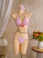 Vintage Pink Floral Tie Dye Gradient Bikini Set 2026 Women 3D Flower Push Up Bra Cover Up 3 Piece Swimwear Bathing Suit Swimsuit