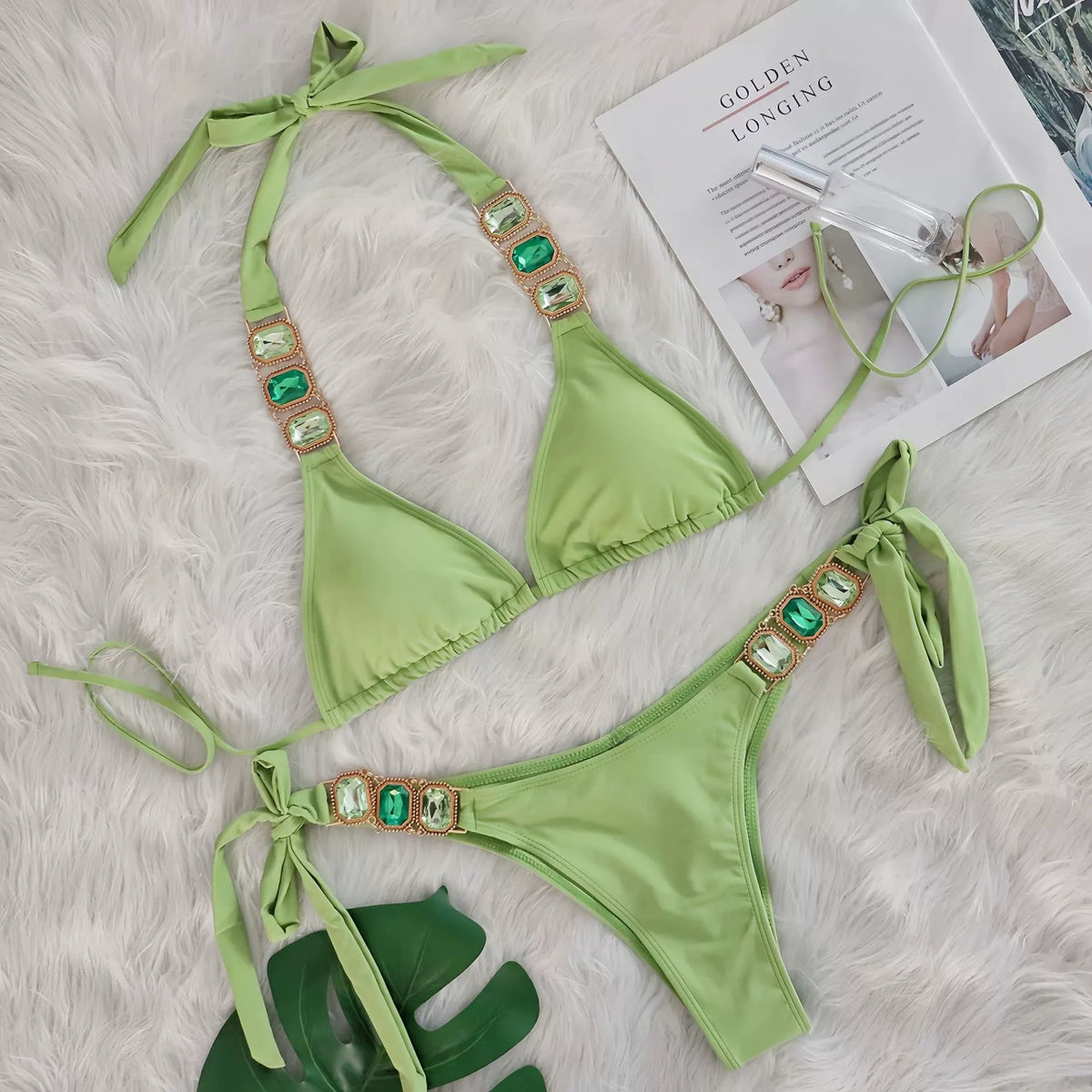 DEKA Brazilian Chain Bikini Set Women's Swimsuit Stylish Solid Thong Swimwear Diamond Separate Beachwear Bathing Suit