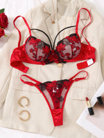 3/4 cup gathered satin lace lingerie set - red rose embroidered netting sheer women's bra and panties set ZA825127