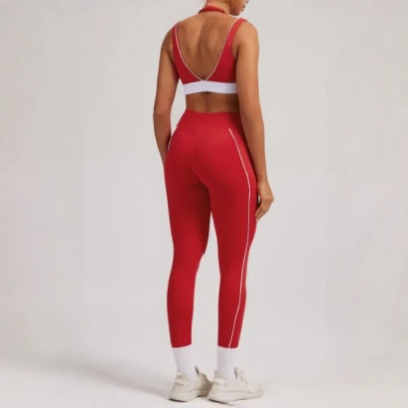 Women's Yoga Sets Sports Fitness V-Neck Halter Sports Bra Color-Block Hip-lifting Pants Suits Running Training Workout Gym Sets