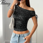 Phantasy Women's One Shoulder Sequin Sparkly Tops Sleeveless Asymmetrical Vest Fashion Y2K T-Shirt Women's Vestido 2025 Summer