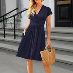 Women Dress Short Sleeve V-Neck Flowy Dress Casual Pleated A-line Swing Dress with Pockets Summer Beach Sundress