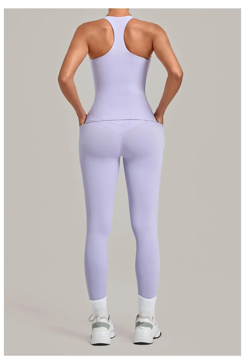 Women's Seamless Yoga Sets Sports Fitness Hip-lifting High Waist Pant Sleeveless Backless Suits Workout Running Leggings Sets