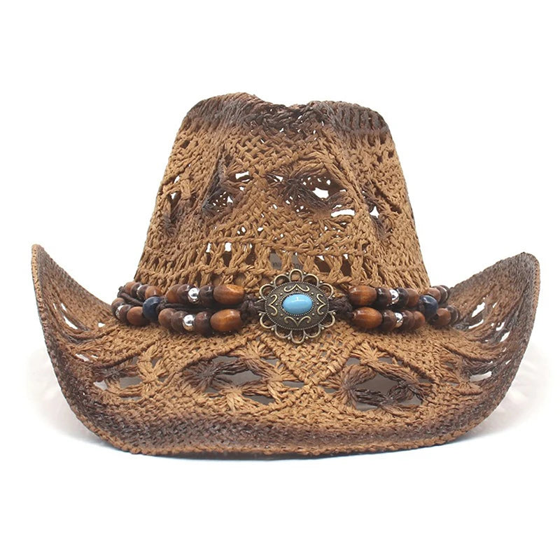 Women Cowboy Hat Creative Curled Straw Hollow Design Ethnic Style Beads Chain Decoration Shade Straw Hat Summer Sun Cap