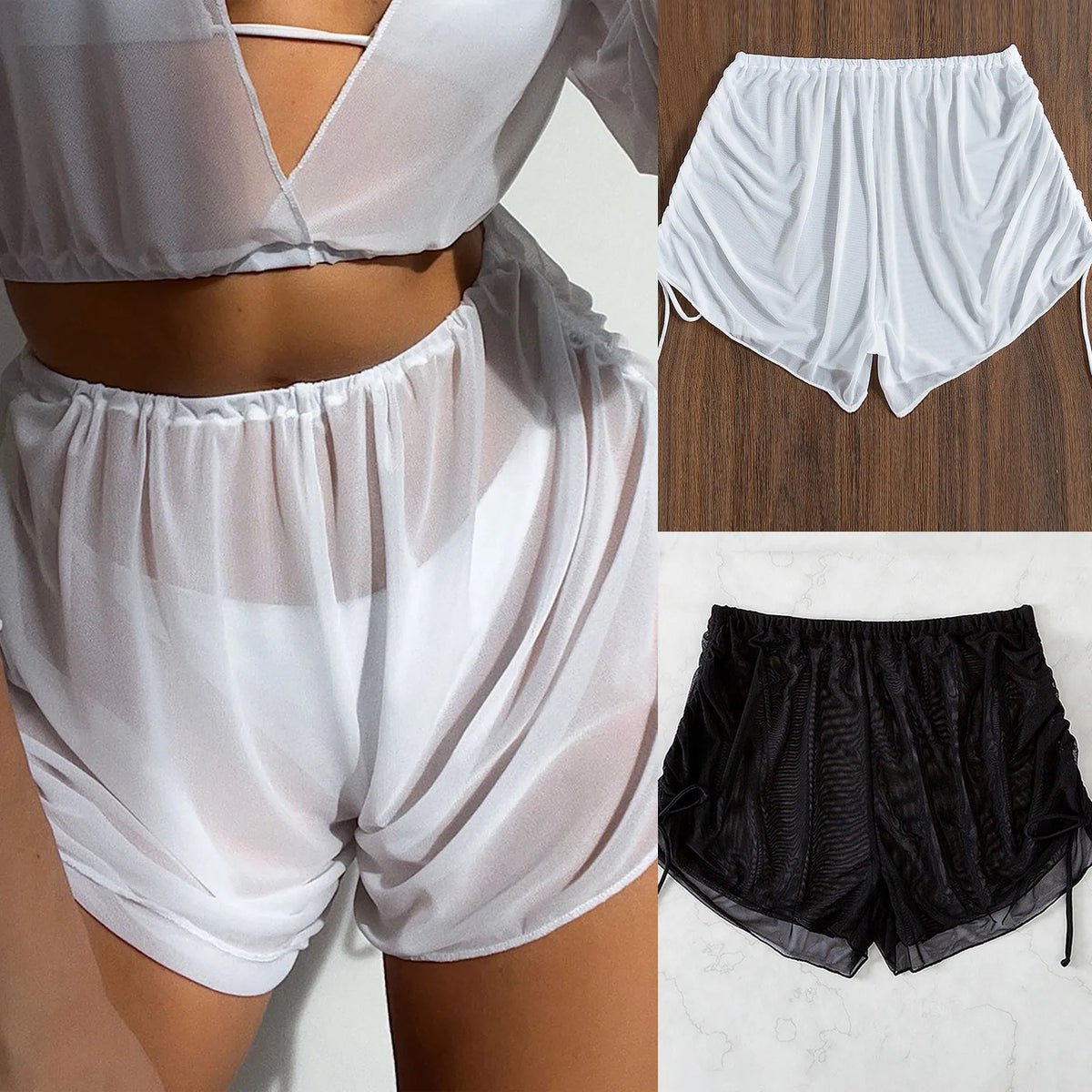 Women Summer Sexy Beach Swimming Shorts High Waist Mesh Sheer Elastic Bikini Bottom White Black Transaparent Cover Up Beachwear