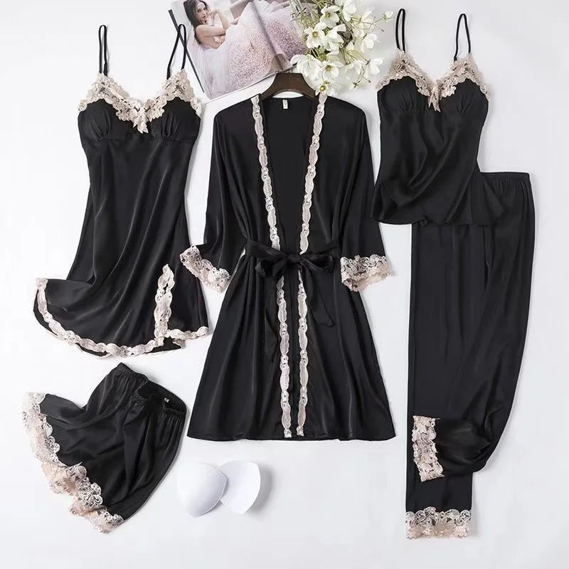2025 Luxury Satin Pajama Set 5 Pcs Women's Silky Sleepwear Lace Trim Robe Nightgown Cami Shorts Pants Elegant Loungewear New Hot