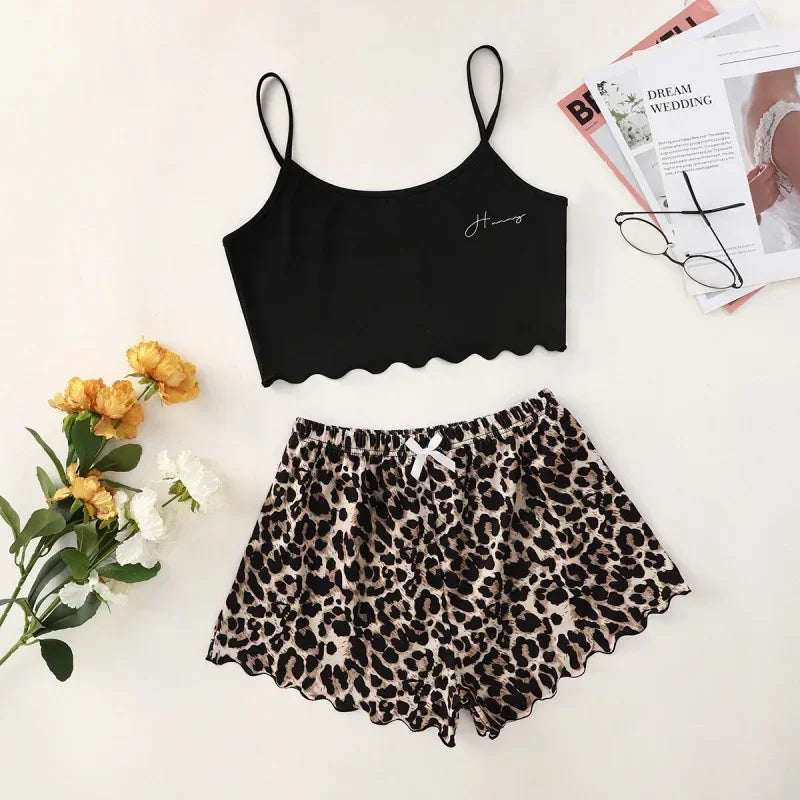 Sexy Alien Print Sling Sleepwear Women's Pajamas Set V-Neck Pyjamas Female Homewear Sleeveless CuteTop And Shorts