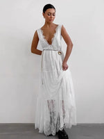 Sexy Deep V-neck Sleeveless Lace Dress Streetwear Women 2026 Backless Tunics A-line Party Dresses Long Maxi Robe Black White