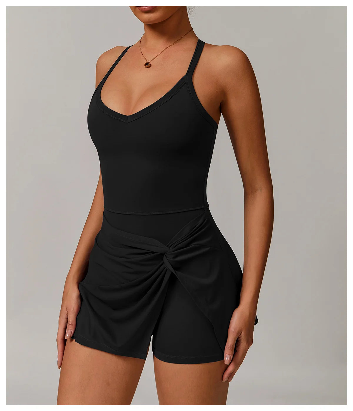 Summer Tennis Dress Women Sleeveless V Neck Slim Skirt Pleate Twisted Design Crossed Hollow Out Sports Yoga Golf Skirt Badminton