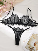 Black Lace Bra Brief Sets for Women Sexy Romantic Transparent Underwear with Flowers See through Erotic Lingerie