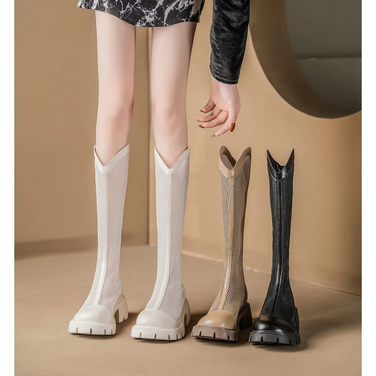 Women Summer Knee-high Mesh High Boots Female Breathable Platform Mesh Lace-up Knight Boots Thick Heel Hollow Long Knight 2025