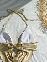 Sexy Hot Stamping Gold Swimwear Women 2026 Collar Split Top Drawstring Side High Waist Bikini Set Summer Bathing Suit Swimsuit
