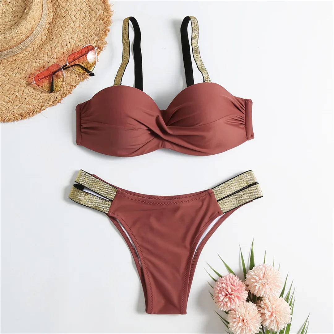New S - XL Bra Bikini Push Up Swimsuit Female Swimwear Women Two-Pieces Bikini Set With Cup Bather Bathing Suit Swim Lady V2310