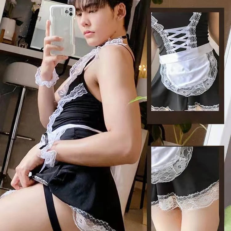 Cross-border Sexy Pure Desire Men Cosplay Stretch Milk Silk Lace Suspender Skirt and Lace Apron Valet Lingerie Uniform Set