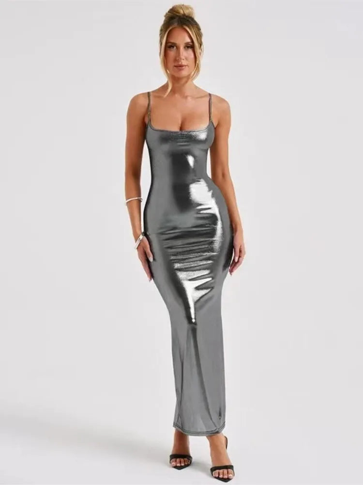 Faux Leather Slim Spaghetti Strap Dress For Women Strap Long Dresses Package Hip Bodycon Sexy Low Cut Party Evening Vestidos