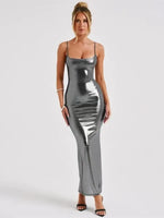 Faux Leather Slim Spaghetti Strap Dress For Women Strap Long Dresses Package Hip Bodycon Sexy Low Cut Party Evening Vestidos