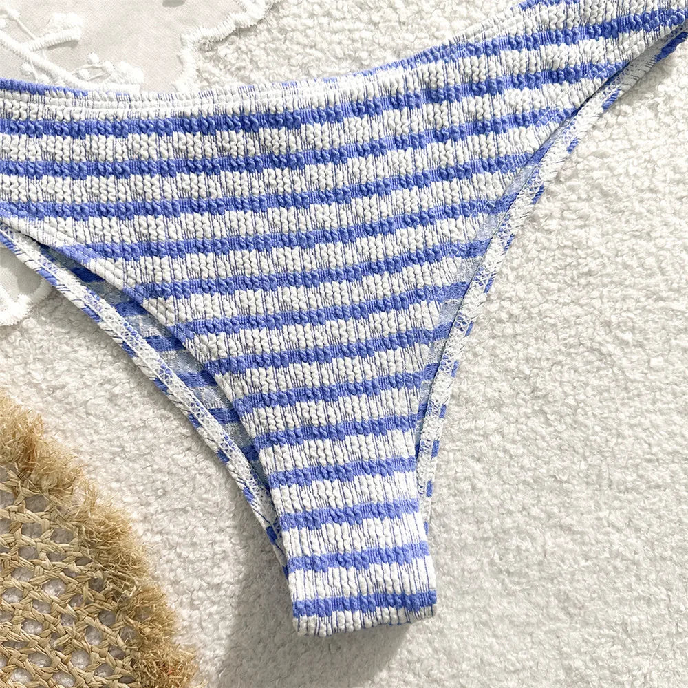 Striped Print String Halter Bandeau Bikinis Sets 2026 Sexy Swimsuit Women Ruched Swimwear Bathing Suit Brazilian Bikini Mujer