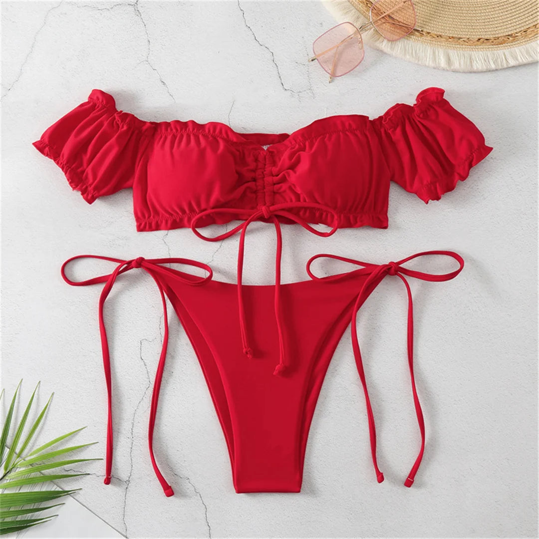 Off Shoulder High Cut Scrunch Butt Bikini Women Swimwear Female Swimsuit Two-Pieces Bikini Set Bather Bathing Suit Swim V6126
