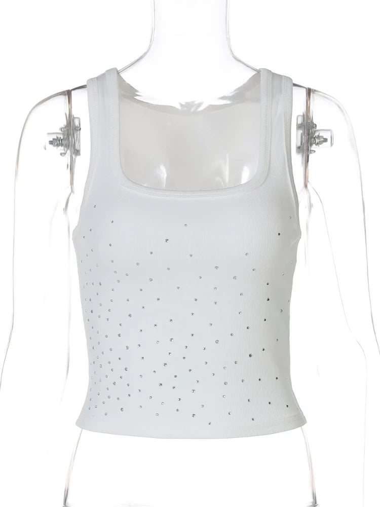 Woman Beading Rhinestones Tank Tops White Black Summer Sleeveless Corset T-shirt 2026 Casual Square Collar Crop Top Streetwear