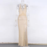 S - XL V Neck Slit Long Dress Sexy Mesh Backless Knitted Crochet Tunic Beach Cover Up Cover-ups Beach Dress Beachwear V3767B
